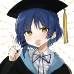  1girl :d binetsu_(binepoi) black_cape black_headwear blue_hair blush bocchi_the_rock! cape collared_shirt commentary_request hair_ornament hairclip hand_up hat highres index_finger_raised long_sleeves looking_at_viewer mole mole_under_eye mortarboard neck_ribbon open_mouth ribbon shirt short_hair smile solo sparkling_eyes upper_body white_background white_shirt yamada_ryo yellow_eyes 