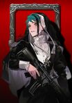 1boy artist_name black_dress black_nails clenched_teeth dress earrings fingernails gillannn green_hair gun highres holding holding_gun holding_weapon jade_leech jewelry long_sleeves looking_to_the_side male_focus multicolored_hair nun red_background shadow sharp_teeth short_hair simple_background solo streaked_hair teeth twisted_wonderland weapon yellow_eyes 