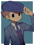  1boy a_(poipiku_325815) black_eyes black_vest blue_background blue_jacket blue_necktie brown_hair cabbie_hat closed_mouth collared_shirt commentary_request frown future_luke hand_on_headwear hand_up hat jacket long_sleeves male_focus necktie professor_layton shirt short_hair simple_background solo upper_body vest white_shirt 