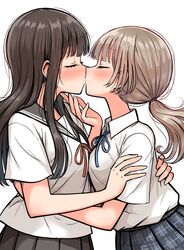  2girls betock blonde_hair blue_skirt blunt_bangs brown_hair closed_eyes commentary_request eyelashes from_side grey_skirt hand_on_another&#039;s_chin highres hug kiss long_hair medium_hair multiple_girls original school_uniform scrunchie shirt simple_background skirt standing white_background white_shirt yuri 