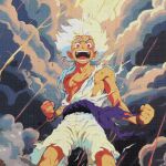  1boy clenched_hands clouds cloudy_sky gear_fifth lightning looking_at_viewer male_focus monkey_d._luffy muscular muscular_male one_piece open_mouth pewpiece purple_sash red_eyes sash scar scar_on_chest scar_on_face shirt short_hair shorts sky smile teeth tongue torn_clothes white_hair white_shirt white_shorts 