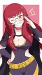  1girl absurdres adjusting_eyewear amagumo1023 belt black_cape blush bodysuit cape chest_strap choker clothing_cutout facial_mark fire_emblem fire_emblem_engage glasses gold_belt hair_ornament highres long_hair opaque_glasses pink_choker purple_bodysuit redhead side_cutout star_(symbol) star_facial_mark star_hair_ornament yellow_belt yunaka_(fire_emblem) 