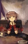  1girl absurdres arm_ribbon bench brown_hair cup curtains highres indoors kagari_(rewrite) kornod long_ribbon looking_at_viewer medium_hair plate red_ribbon rewrite ribbon shadow short_sleeves sitting_on_bench solo sunlight table teacup wall 