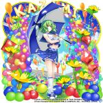  1girl alternate_costume balloon blue_footwear blue_skirt blue_umbrella breasts character_name cheerleader closed_mouth commentary copyright_name crop_top cross-laced_footwear english_commentary flower full_body game_cg green_hair holding holding_umbrella kazami_yuuka kazami_yuuka_(cheerleader_of_the_four_seasons) looking_at_viewer navel red_eyes rotte_(1109) short_hair skirt smile socks solo third-party_source touhou touhou_lost_word two-tone_umbrella umbrella white_socks white_umbrella yellow_flower 