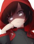  1girl ar_jart artist_name black_dress black_hair clenched_hand close-up closed_mouth dress gradient_hair grey_eyes hand_on_own_chin hood hood_up looking_at_viewer multicolored_hair redhead ruby_rose rwby shaded_face shadow short_hair solo 