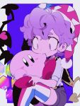  1boy a_(poipiku_325815) biting blue_eyes closed_mouth commentary_request hat holding jester_cap kirby kirby_(series) looking_at_another marx_(kirby) personification purple_hair purple_shorts shirt short_hair shorts sitting striped striped_thighhighs thigh-highs white_shirt wings 