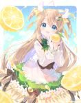  1girl :d absurdres blonde_hair blue_eyes blush bow brown_bow clouds commentary_request commission day eyelashes flower food frills fruit green_skirt hair_ornament hairclip highres hinase_yuzu holding holding_food holding_fruit indie_virtual_youtuber jamu long_hair long_sleeves looking_at_viewer name_connection open_mouth outdoors skeb_commission skirt sky smile solo two_side_up virtual_youtuber white_flower yuzu_(fruit) 