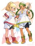  2girls :d blonde_hair blunt_bangs blush boots buttons clenched_hands commentary_request eyelashes frying_pan green_eyes green_hair highres holding holding_frying_pan kinocopro knees lillie_(pokemon) long_hair looking_down mallow_(pokemon) multiple_girls neckerchief open_mouth pokemon pokemon_(anime) pokemon_sm_(anime) ponytail shirt shorts smile standing twintails twitter_username watermark white_shirt yellow_neckerchief 