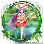  1girl animal_ears bamboo bamboo_forest brown_footwear carrot_pin closed_mouth collared_shirt commentary copyright_name english_commentary forest full_body game_cg gun holding holding_gun holding_weapon long_hair looking_at_viewer lunatic_gun nature necktie orange_skirt pink_eyes purple_hair rabbit_ears rabbit_girl red_necktie reisen_udongein_inaba rotte_(1109) shirt short_sleeves skirt socks solo third-party_source touhou touhou_lost_word very_long_hair weapon white_socks 