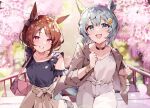  2girls :d animal_ears bag black_shirt black_vest blue_eyes blush bracelet breasts brown_hair brown_skirt cherry_blossoms coat collarbone flower grey_hair grin hair_ornament hairclip highres horse_ears horse_girl horse_tail jewelry looking_at_viewer looking_down medium_hair misoni_(mi_so_ni_t) multiple_girls open_clothes open_coat outdoors pants parted_bangs pink_flower railing sakura_laurel_(umamusume) seiun_sky_(umamusume) shirt short_hair shoulder_bag signature skirt small_breasts smile tail umamusume vest violet_eyes white_pants white_shirt 