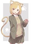  1girl animal_ear_fluff animal_ears blonde_hair brown_eyes cat_ears cat_tail claw_pose fang highres jacket long_sleeves looking_at_viewer open_clothes open_jacket open_mouth original pleated_skirt rb2 school_uniform shirt short_hair skirt smile solo tail white_shirt 