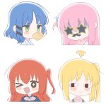  4girls :d absurdres ahoge blanchat blonde_hair blue_hair blush blush_stickers bocchi_the_rock! brown_eyes chibi closed_mouth collared_shirt commentary cube_hair_ornament detached_ahoge earrings fake_facial_hair fake_mustache food french_fries gotoh_hitori green_eyes hair_between_eyes hair_ornament highres ijichi_nijika jacket jewelry kita_ikuyo long_hair looking_at_viewer mole mole_under_eye multiple_girls one_eye_closed one_side_up open_mouth pink_hair pink_jacket portrait redhead shirt short_hair side_ponytail sidelocks simple_background smile sparkling_eyes star-shaped_eyewear sunglasses symbol-only_commentary v-shaped_eyebrows white_background white_shirt yamada_ryo 