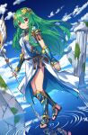  1girl absurdres armor blue_sky character_request closed_mouth clouds dress dutch_angle floating_hair frown full_body green_hair hair_between_eyes hair_ornament highres holding holding_staff kuuron_(moesann17) long_hair red_eyes shoulder_armor side_slit sky solo staff very_long_hair walking water white_dress 