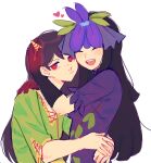  2girls black_gloves black_hair blush china_dress chinese_clothes closed_eyes closed_mouth dress flower flower_on_head gloves green_shirt highres horns long_hair multiple_girls nippaku_zanmu oni_horns open_mouth purple_dress purple_flower red_eyes shirt short_sleeves simple_background smile touhou unfinished_dream_of_all_living_ghost vine_print white_background yomotsu_hisami yuno_(p2eocene) 