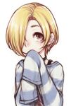  1girl blonde_hair brown_eyes choker ear_piercing earrings expressionless hair_over_one_eye haruhito_(divineshalt) idolmaster idolmaster_cinderella_girls jewelry looking_at_viewer piercing shirasaka_koume shirt short_hair simple_background sleeves_past_fingers sleeves_past_wrists solo striped striped_shirt studded_choker upper_body white_background 