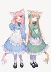  2girls :d animal_ear_fluff animal_ears apron black_footwear black_ribbon blue_bow blue_dress blue_eyes blue_hairband blue_ribbon bow breasts brown_eyes brown_hair cat_ears cat_girl cat_tail closed_mouth collared_dress commentary_request dress ear_piercing fang frilled_apron frilled_dress frilled_hairband frills green_bow green_dress green_hairband green_ribbon grey_background hair_bow hairband half-closed_eyes hand_in_own_hair hand_up highres long_sleeves mole mole_under_eye mole_under_mouth multiple_girls neck_ribbon original own_hands_together pantyhose piercing pink_hair puffy_long_sleeves puffy_sleeves ribbon ryokucha_manma shoes simple_background small_breasts smile tail tail_raised thick_eyebrows white_apron white_pantyhose 