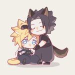  2boys animal_ears animal_feet armor black_gloves black_hair blonde_hair blue_eyes brown_fur cat_boy cat_ears chibi closed_eyes cloud_strife comforting crying crying_with_eyes_open dog_boy dog_ears elbow_gloves final_fantasy final_fantasy_vii gloves green_scarf hand_on_another&#039;s_cheek hand_on_another&#039;s_face hand_on_another&#039;s_head hao_xiang_yishui_bu_xing male_focus multiple_boys own_hands_together pants pauldrons pawpads petting puffy_pants scarf short_hair shoulder_armor simple_background sitting sleeveless sleeveless_turtleneck smile spiky_hair standing tail tears turtleneck yellow_fur zack_fair 