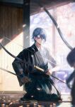  1boy absurdres anna_(drw01) archery archery_dojo arrow_(projectile) blue_eyes blue_hair bow_(weapon) cherry_blossoms falling_petals genshin_impact gloves hakama highres holding holding_arrow holding_bow_(weapon) holding_weapon japanese_clothes kamisato_ayato kimono kneeling kyuudou light_blue_hair partially_fingerless_gloves petals single_glove solo weapon yugake yumi_(bow) 