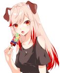  1girl :o absurdres animal_ears black_shirt blonde_hair blush breasts chukachuka clothing_cutout commentary_request dog_ears dog_girl fangs fingernails food fruit fruit_popsicle highres holding holding_food holding_popsicle jewelry kiwi_(fruit) long_hair looking_at_viewer medium_bangs medium_breasts multicolored_hair nanashi_inc. necklace open_mouth orange_eyes popsicle redhead seshima_rui shirt short_sleeves shoulder_cutout simple_background solo streaked_hair transparent_background two-tone_hair upper_body virtual_youtuber 