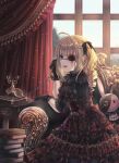  1girl absurdres bandages blonde_hair book book_stack bow bowtie cathera chair couch curly_hair curtains eyepatch flower gothic_lolita green_eyes highres holding holding_phone lolita_fashion on_couch original phone red_flower red_rose rose stuffed_toy window 