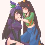  2girls absurdres black_hair blunt_bangs breasts china_dress chinese_clothes dress elbow_gloves floral_print fruit_print gloves grape_print green_shirt highres hime_cut kokowoch leaf_print long_hair looking_at_another multiple_girls nippaku_zanmu orange_eyes purple_dress shirt short_sleeves shy thighs touhou unfinished_dream_of_all_living_ghost vine_print violet_eyes white_background yomotsu_hisami yuri 