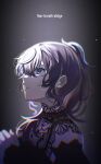  1girl absurdres asahina_mafuyu black_background black_dress commentary_request dress high_ponytail highres light_particles looking_up non-breath_oblige_(vocaloid) own_hands_clasped own_hands_together parted_lips project_sekai purple_hair sidelocks solo taro14_tea violet_eyes 