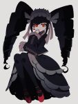  1girl a_(poipiku_325815) black_dress black_hair black_nails black_pantyhose bonnet celestia_ludenberg claw_ring commentary_request covering_mouth danganronpa:_trigger_happy_havoc danganronpa_(series) dress drill_hair earrings frilled_dress frills full_body gothic_lolita grey_background hand_over_own_mouth hand_up jewelry layered_skirt lolita_fashion long_hair long_sleeves looking_at_viewer nail_polish necktie pale_skin pantyhose red_eyes red_footwear red_necktie ribbon shoes simple_background sitting skirt smile solo twin_drills white_ribbon 