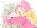  2girls blush bow cardigan closed_eyes green_hair grey_sweater grin highres hug kusanagi_nene long_hair multiple_girls one_eye_closed ootori_emu open_mouth pink_cardigan pink_hair project_sekai scarf short_hair sidelocks simple_background smile sweater taro14_tea upper_body very_long_hair violet_eyes white_background yellow_bow yellow_scarf 