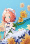  absurdres animal_ear_fluff animal_ears bangs_pinned_back blue_sky blurry bow calico carrying cat_ears cat_girl cat_tail depth_of_field detached_collar diona_(genshin_concert)_(genshin_impact) diona_(genshin_impact) dress field flower flower_field forehead frilled_dress frills genshin_impact green_eyes hair_bow hair_ribbon hat highres holding holding_flower official_alternate_costume outdoors pink_hair ribbon sky sunflower sunflower_field tail thick_eyebrows white_dress wind zx961219 