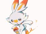  :o blurry brown_eyes depth_of_field fire no_humans open_mouth pokemon pokemon_(creature) scorbunny simple_background solo tako2_eaka twitter_username watermark white_background 