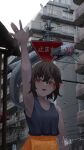  1girl absurdres apartment black_shirt brown_hair building frilled_shark highres ikanoshiokara open_mouth original outdoors outstretched_arm power_lines road_sign shirt short_hair sign solo tank_top urban utility_pole violet_eyes waving 
