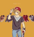  1boy alternate_costume baseball_cap black_shirt blonde_hair blue_eyes blue_pants brown_footwear casual character_name closed_mouth cowboy_shot dddagneo hat holding holding_skateboard jewelry kingdom_hearts kingdom_hearts_iii looking_at_viewer male_focus multiple_rings pants red_footwear red_headwear ring roxas shirt shoes short_hair skateboard sneakers solo spiky_hair standing wristband yellow_background 