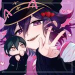  1boy :d ahoge animal_ears black_hair black_headwear crossdressing danganronpa_(series) danganronpa_v3:_killing_harmony fake_animal_ears fangs hair_between_eyes hand_puppet heart highres long_sleeves multicolored_hair oma_kokichi pink_sailor_collar portrait puppet purple_hair saihara_shuichi sailor_collar smile solo suzuko_(katahaba_v3) teeth two-tone_hair upper_teeth_only violet_eyes w 