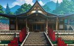  architecture banner bell blue_sky clouds east_asian_architecture forest game_cg justinas_vitkus landscape leaf moat mountainous_horizon myouren_temple nature no_humans official_art outdoors pine_tree railing rope sky stairs temple third-party_source touhou touhou_cannonball tree well 