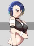  1girl bare_shoulders black_choker black_shirt black_sports_bra blue_hair blush bob_cut brown_eyes choker collarbone crop_top grey_shirt grey_sports_bra highres midriff navel perrin_(pokemon) pokemon pokemon_(game) pokemon_sv ribbed_shirt shirt sleeveless sleeveless_shirt solo sports_bra thedarkestuno undershirt v-neck watch watch 