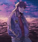  1boy absurdres bags_under_eyes black_hair cigarette closed_mouth commentary_request cowboy_shot expressionless grey_pants half-closed_eyes hands_in_pockets highres inudori itou_kaiji jacket kaiji letterman_jacket long_hair looking_afar male_focus medium_bangs open_clothes open_jacket pants purple_jacket red_shirt shirt smoking solo 