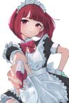  1girl absurdres apron arima_kana bob_cut bow bowtie closed_mouth dress gu00hy highres inverted_bob lace lace_trim looking_at_viewer maid maid_headdress oshi_no_ko red_bow red_bowtie red_eyes redhead short_hair simple_background solo white_apron white_background 
