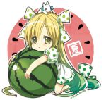  1girl blonde_hair bow dress food fruit hair_bow hair_ornament hibiki_no_mahou izumi_rei long_hair looking_at_viewer shiiraasan short_sleeves simple_background very_long_hair watermelon yellow_eyes 