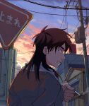  1boy black_eyes brown_hair brown_jacket building cigarette closed_mouth clouds commentary_request expressionless from_behind highres holding holding_cigarette inudori itou_kaiji jacket kaiji long_hair looking_at_viewer looking_back male_focus medium_bangs outdoors power_lines road_sign sign sky solo stop_sign sunset upper_body utility_pole 