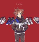 1boy black_jacket black_pants blue_eyes blue_footwear brown_hair character_name cowboy_shot dddagneo hands_in_pockets jacket kingdom_hearts kingdom_hearts_iii long_sleeves looking_at_viewer male_focus pants red_background shoes short_hair solo spiky_hair standing 