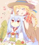  1girl 1other :d ? ^_^ animal_ears blonde_hair blue_hair blush bokujou_monogatari bokujou_monogatari:_mittsu_no_sato_no_taisetsuna_tomodachi braid closed_eyes commentary_request fox_ears fox_girl fox_tail hair_between_eyes hat head_on_head head_rest heart inari-chama japanese_clothes kimono long_hair looking_at_another mini_mamu nanami_(bokujou_monogatari) open_mouth overalls petting plaid plaid_shirt red_eyes red_shirt sash shirt single_braid smile sparkle standing straw_hat tail wide_sleeves 