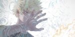  1boy absurdres bakugou_katsuki bare_shoulders blonde_hair boku_no_hero_academia closed_mouth covered_mouth eyebrows_hidden_by_hair from_side hand_up highres looking_ahead male_focus open_hand outstretched_hand portrait red_eyes rika_(rika_ktdk) sanpaku short_hair simple_background sleeveless solo spiky_hair tank_top white_background 