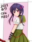  1girl absurdres birthday ebisuzawa_kurumi fingerless_gloves gakkou_gurashi! gloves happy_birthday highres holding holding_shovel looking_at_viewer looking_back megurigaoka_high_school_uniform purple_hair school_uniform shovel smile twintails uniform vietneko violet_eyes 