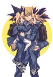  backpack bag black_hair blonde_hair blush carrying clenched_teeth highres jacket jounouchi_katsuya male_focus multicolored_hair mutou_yuugi one_eye_closed open_clothes open_jacket pants redhead shirt sketch smile spot_dian teeth violet_eyes white_shirt yami_yuugi yu-gi-oh! yu-gi-oh!_duel_monsters 