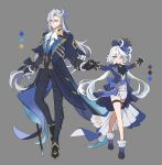  1boy 1girl absurdres ascot black_ascot black_gloves blue_hair blue_headwear boots cane coat commentary frills full_body furina_(genshin_impact) genshin_impact gloves grey_background grey_hair hair_between_eyes hair_ornament hat highres holding holding_cane holding_hands long_hair long_sleeves looking_at_viewer multicolored_hair neuvillette_(genshin_impact) pants papajay_(jennygin2) simple_background standing symbol-only_commentary thigh_strap top_hat very_long_hair white_hair 