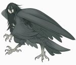 1girl absurdres animal_hands bird_legs claws commentary english_commentary feathered_wings feathers greyscale harpy highres long_hair looking_at_viewer messy_hair monochrome monster_girl original simple_background solo talons tateoftot winged_arms wings 