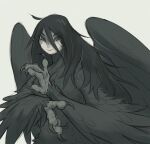  1girl absurdres animal_hands claws commentary english_commentary feathered_wings feathers greyscale harpy highres long_hair looking_at_viewer messy_hair monochrome monster_girl original simple_background solo tateoftot winged_arms wings 