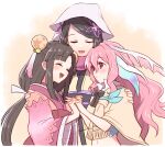  3girls :d ^_^ apo_518 black_bow black_hair blush bow capelet closed_eyes commentary_request fins flower hair_between_eyes hair_bun hair_flower hair_ornament hand_on_another&#039;s_shoulder head_fins highres holding_hands hug interlocked_fingers japanese_clothes kimono long_hair long_sleeves looking_at_another low-tied_long_hair multiple_girls navel obi open_mouth parted_bangs persia_(rune_factory) pink_hair pink_kimono purple_flower red_eyes rune_factory rune_factory_3 sakuya_(rune_factory) sash shinonome_(rune_factory) smile swept_bangs upper_body white_headwear wide_sleeves yellow_capelet yellow_kimono 