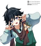  1boy absurdres black_hair braid brown_scarf flower genshin_impact grey_eyes highres lkari_shi long_sleeves male_focus multicolored_shirt nameless_bard_(genshin_impact) open_mouth scarf smile solo tongue twin_braids v_over_eye 