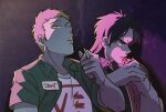  2boys backlighting black_eyes black_hair blonde_hair brown_jacket cigarette closed_mouth commentary_request frown green_shirt highres holding holding_cigarette inudori itou_kaiji jacket kaiji lighting_cigarette long_hair male_focus medium_bangs multiple_boys open_clothes open_mouth open_shirt parted_bangs sahara_makoto shirt short_bangs short_hair short_sleeves smoking t-shirt undershirt upper_body very_short_hair white_shirt 